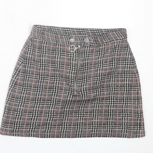 Topshop Womens Black Plaid Polyester A-Line Skirt Size 6   Button