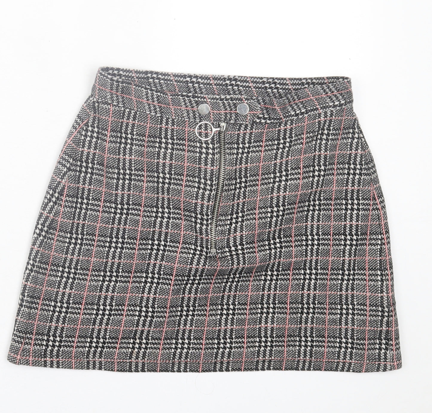 Topshop Womens Black Plaid Polyester A-Line Skirt Size 6   Button