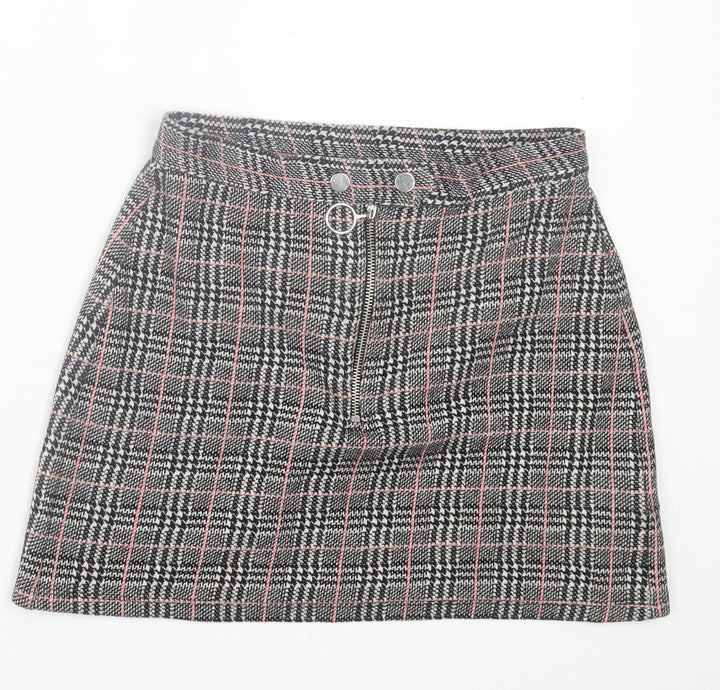 Topshop Womens Black Plaid Polyester A-Line Skirt Size 6 Button