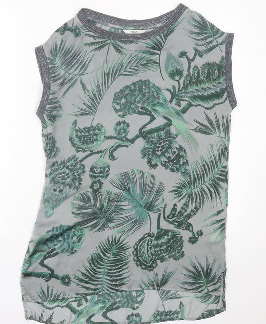Front view of Next women’s green geometric polyester a-line, size UK 10, crew neck pullover