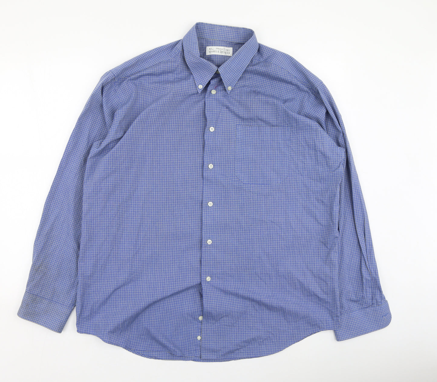 Marks and Spencer Mens Blue Check Cotton  Button-Up Size 42 Collared