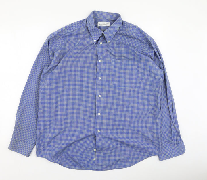 Marks and Spencer Mens Blue Check Cotton  Button-Up Size 42 Collared