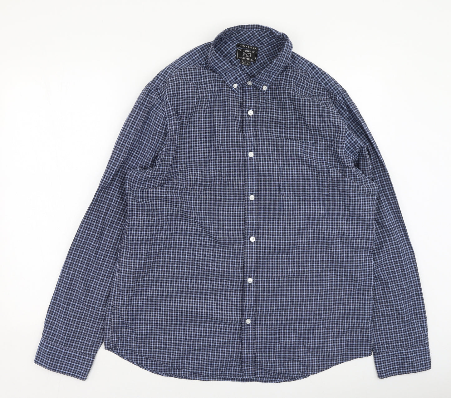 F&F Mens Blue Check Cotton  Button-Up Size XL Collared