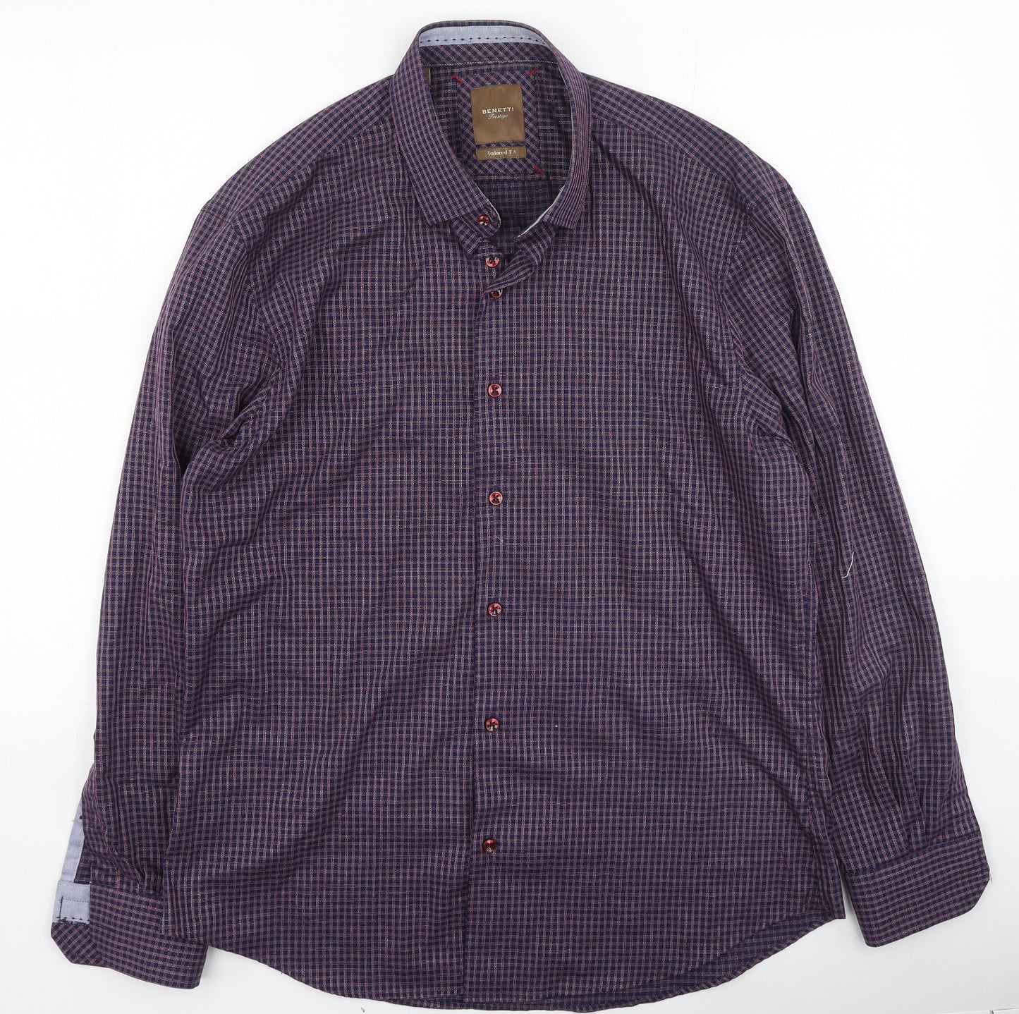 Benetti Mens Purple Plaid Cotton  Button-Up Size XL Collared
