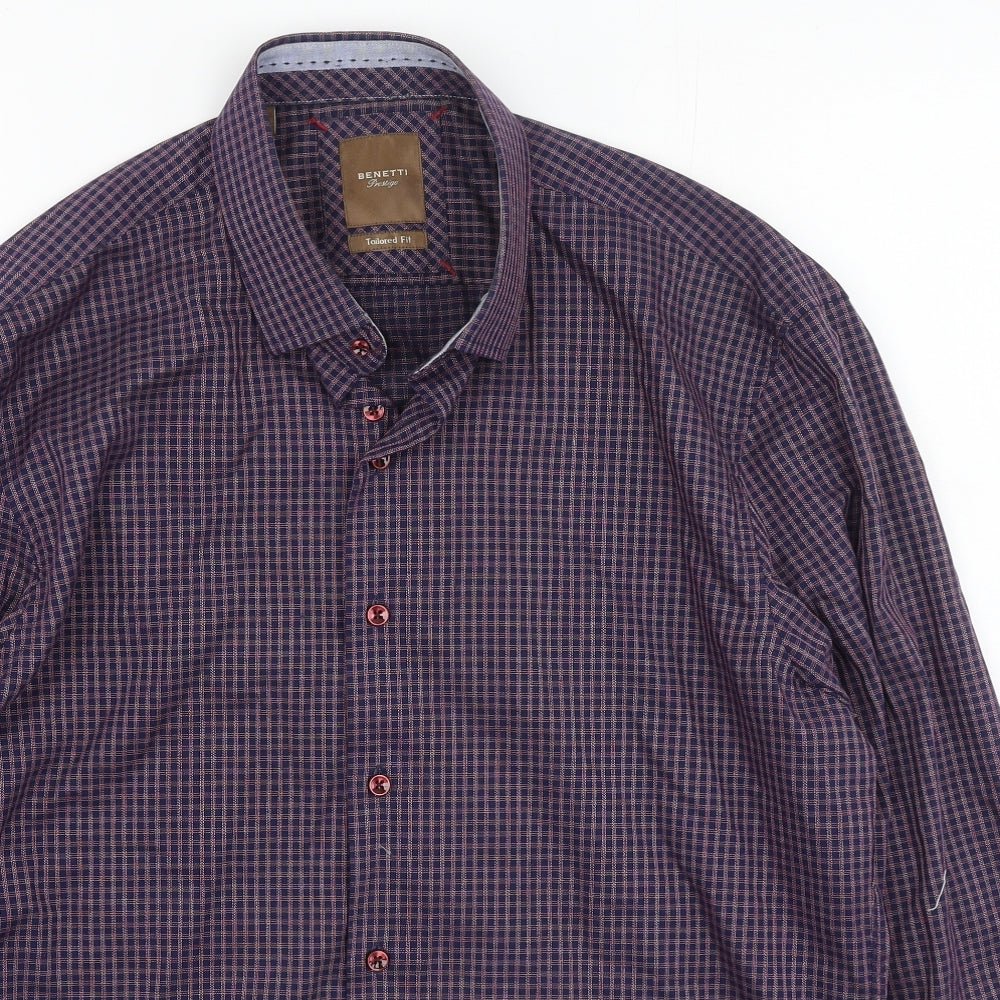 Benetti Mens Purple Plaid Cotton  Button-Up Size XL Collared