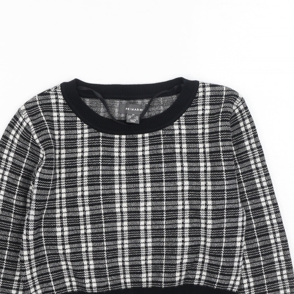 Primark  Womens Black Round Neck Check Cotton Pullover Jumper Size XS
