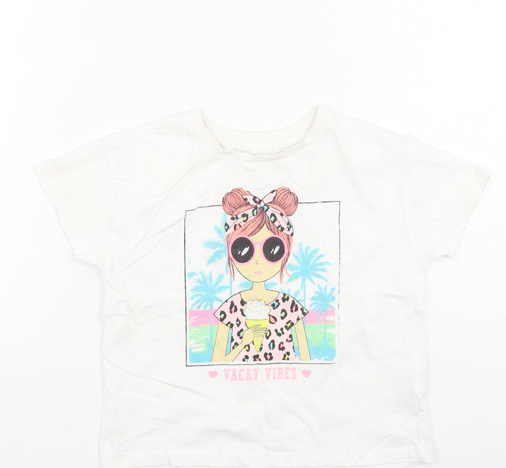 Dunnes Stores Girls White  Cotton Basic Casual Size 4-5 Years Round Neck