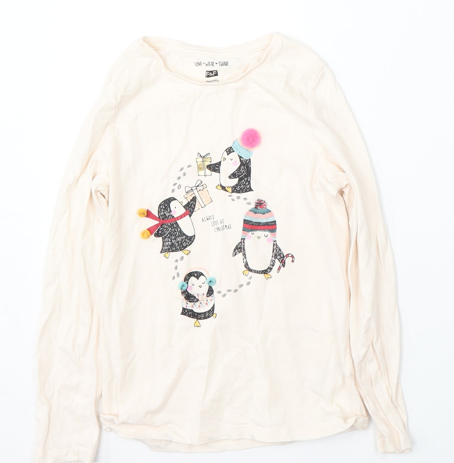 F&F Girls Ivory  Cotton Basic T-Shirt Size 7-8 Years Round Neck