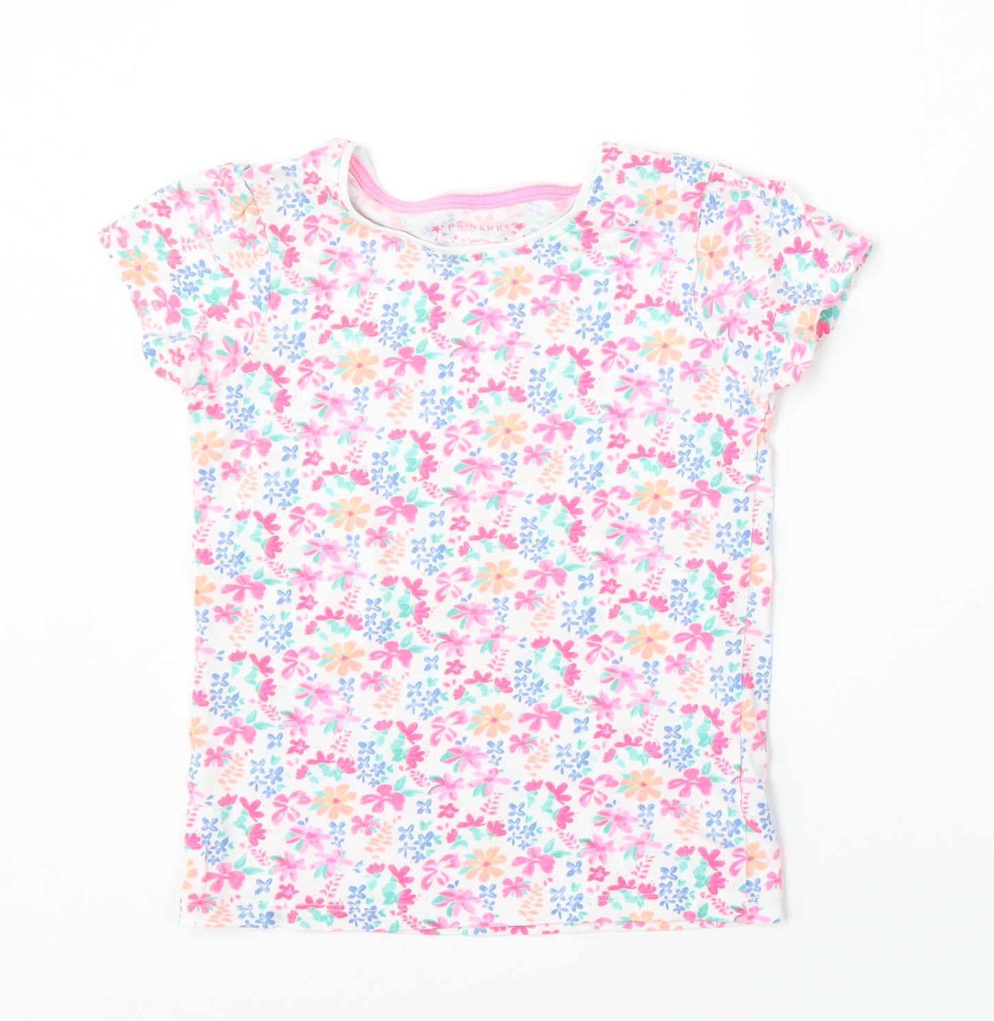 Primark Girls Multicoloured Floral Cotton Basic T-Shirt Size 6-7 Years Round Neck