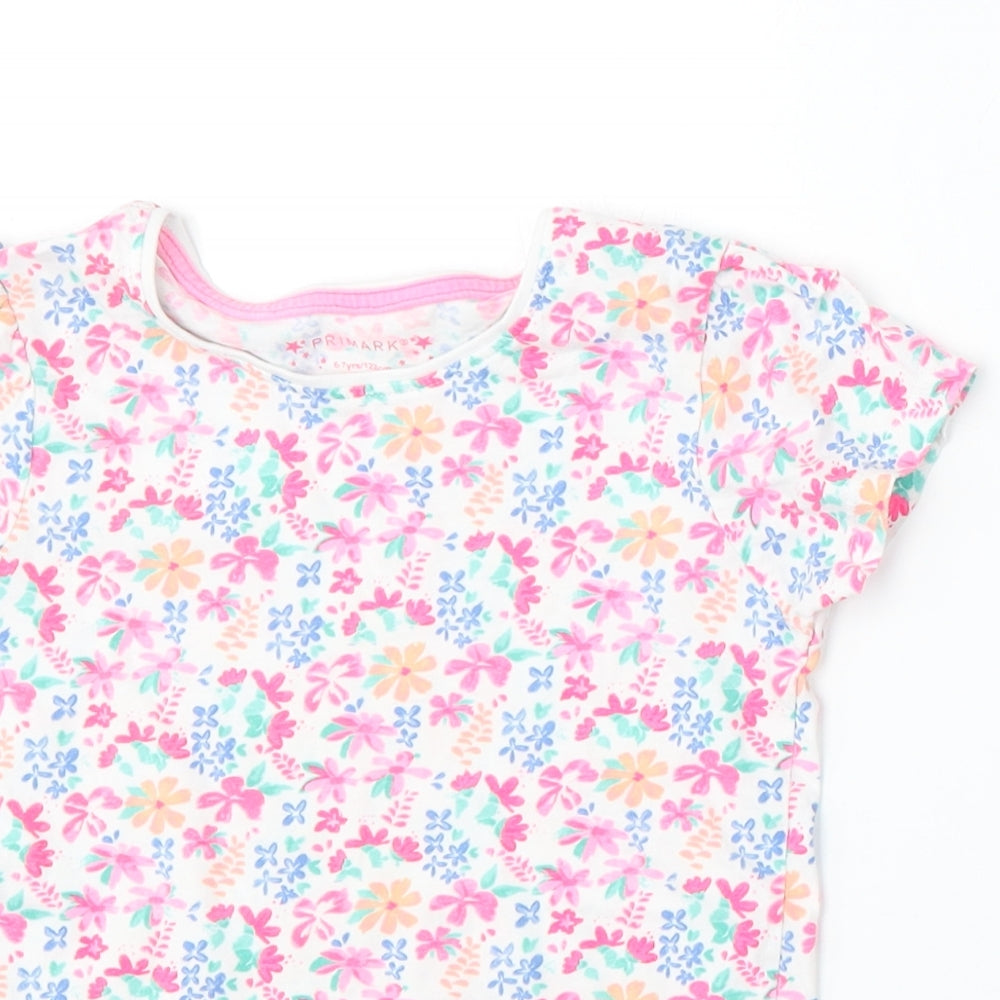 Primark Girls Multicoloured Floral Cotton Basic T-Shirt Size 6-7 Years Round Neck
