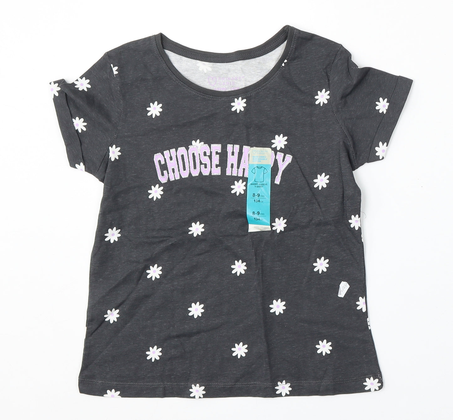 Primark Girls Grey Geometric Cotton Basic T-Shirt Size 8-9 Years Round Neck
