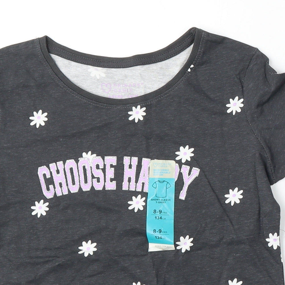 Primark Girls Grey Geometric Cotton Basic T-Shirt Size 8-9 Years Round Neck