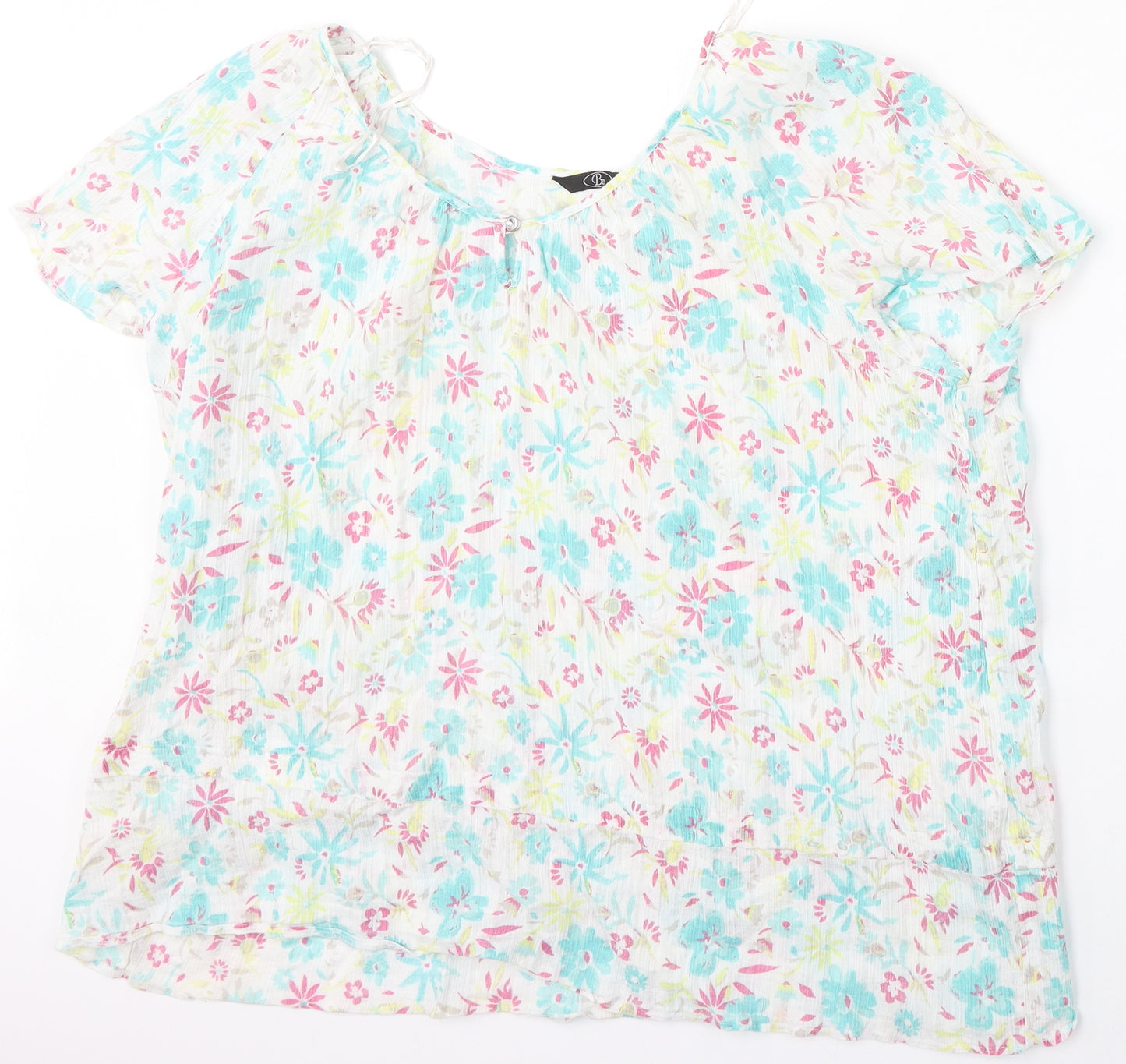 BM Womens White Floral Cotton Basic Blouse Size 24 Round Neck