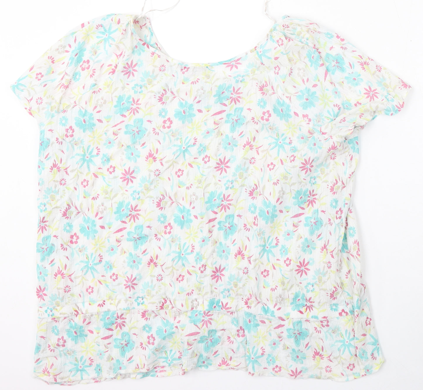 BM Womens White Floral Cotton Basic Blouse Size 24 Round Neck