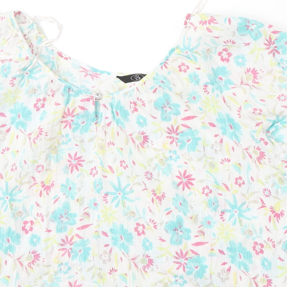 BM Womens White Floral Cotton Basic Blouse Size 24 Round Neck