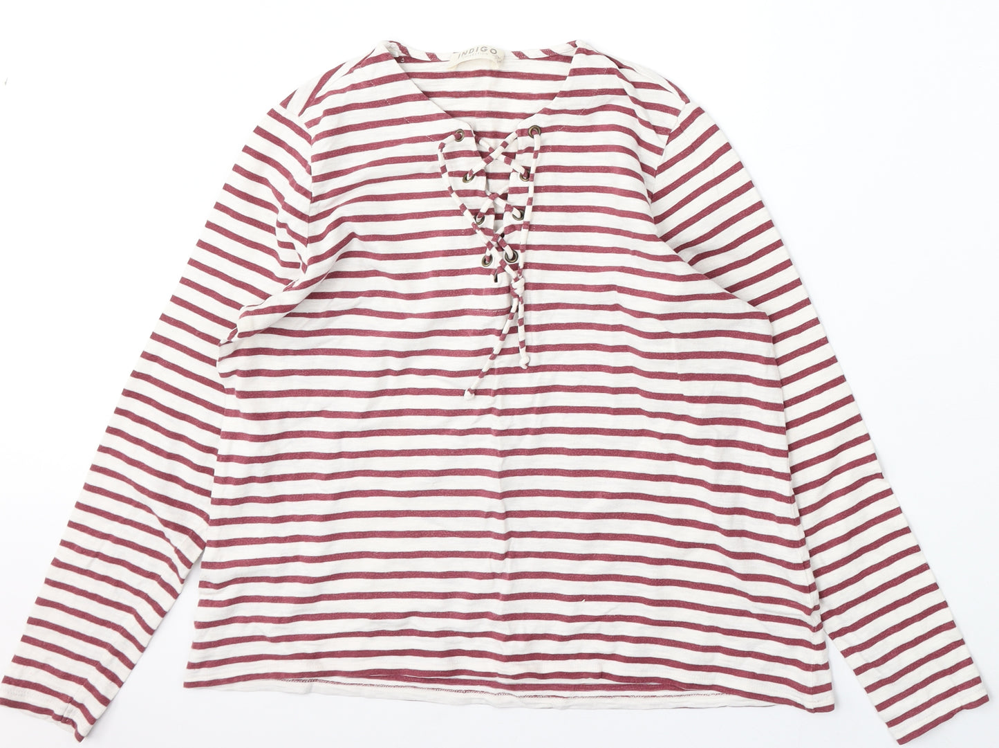 Marks and Spencer Womens White Striped Cotton Basic T-Shirt Size 14 Round Neck