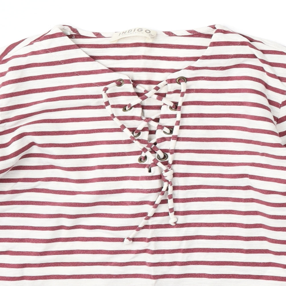 Marks and Spencer Womens White Striped Cotton Basic T-Shirt Size 14 Round Neck
