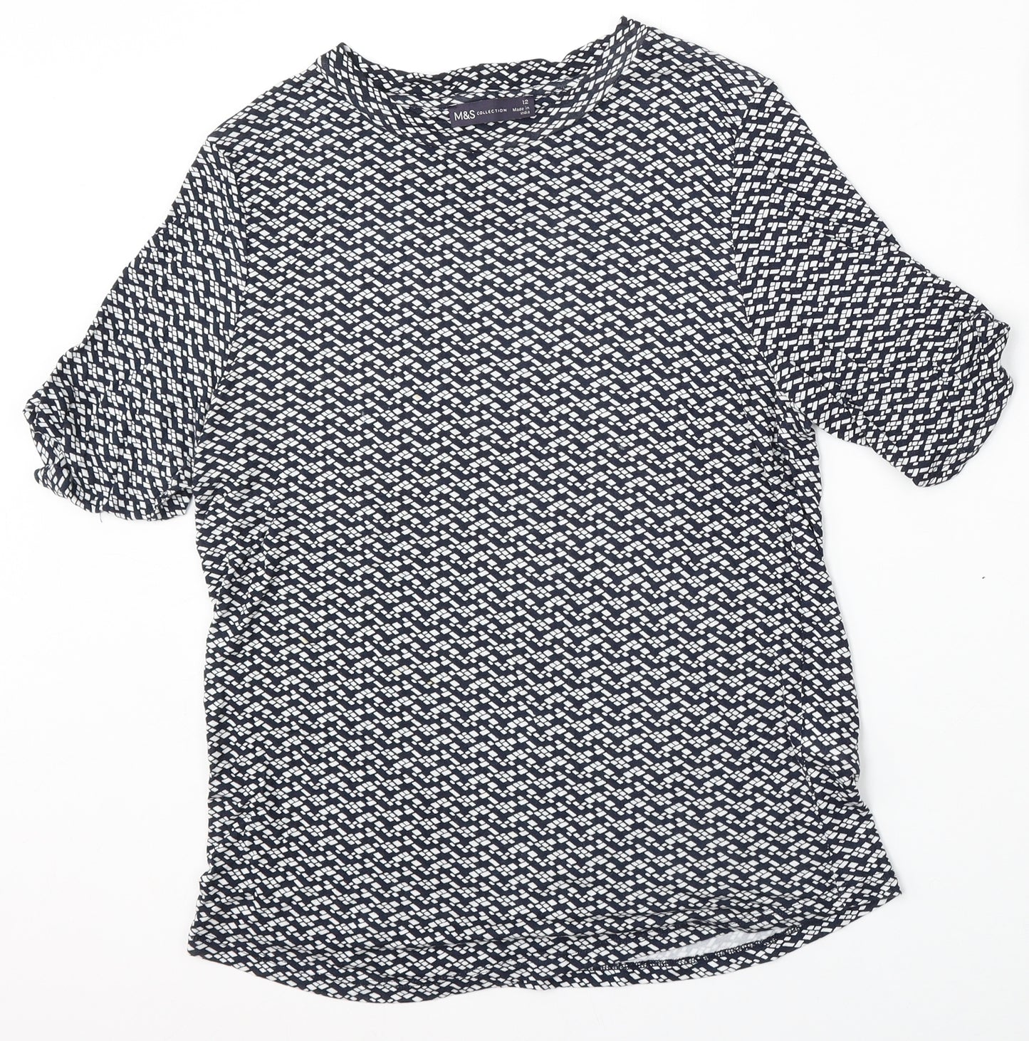 Marks and Spencer Womens Blue Geometric Viscose Basic T-Shirt Size 12 Round Neck
