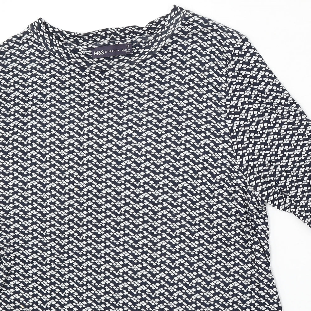 Marks and Spencer Womens Blue Geometric Viscose Basic T-Shirt Size 12 Round Neck
