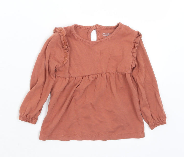 Primark Girls Brown Cotton Basic T-Shirt Size 9-12 Months Round Neck Button
