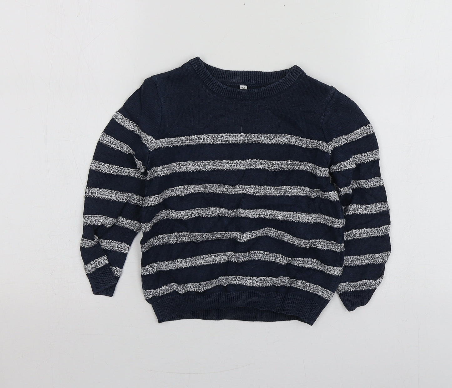 M&S Boys Blue Round Neck Striped Cotton Pullover Jumper Size 2-3 Years