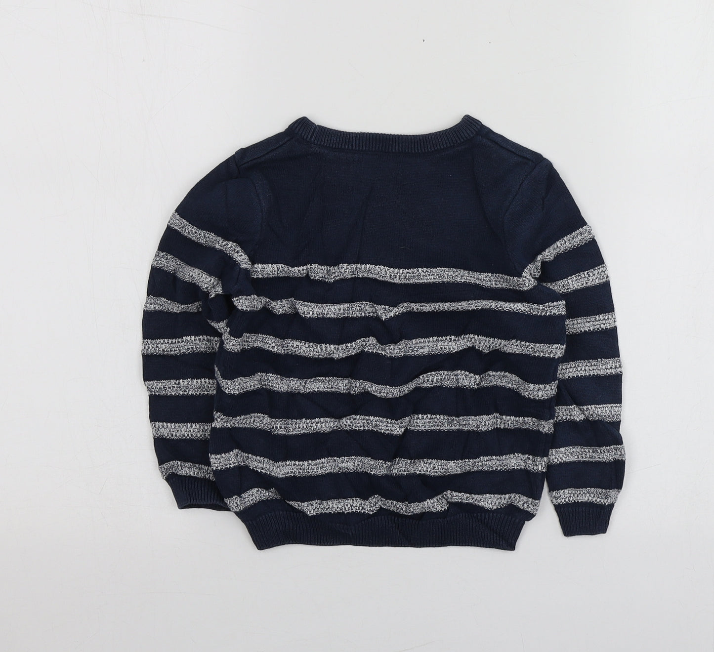 M&S Boys Blue Round Neck Striped Cotton Pullover Jumper Size 2-3 Years
