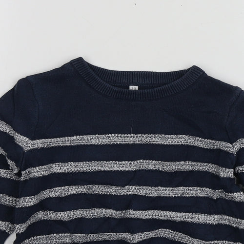 M&S Boys Blue Round Neck Striped Cotton Pullover Jumper Size 2-3 Years