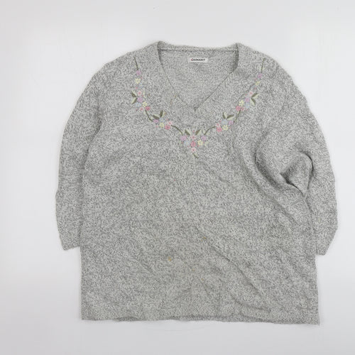 Damart Womens Grey V-Neck Geometric Acrylic Pullover Jumper Size 14