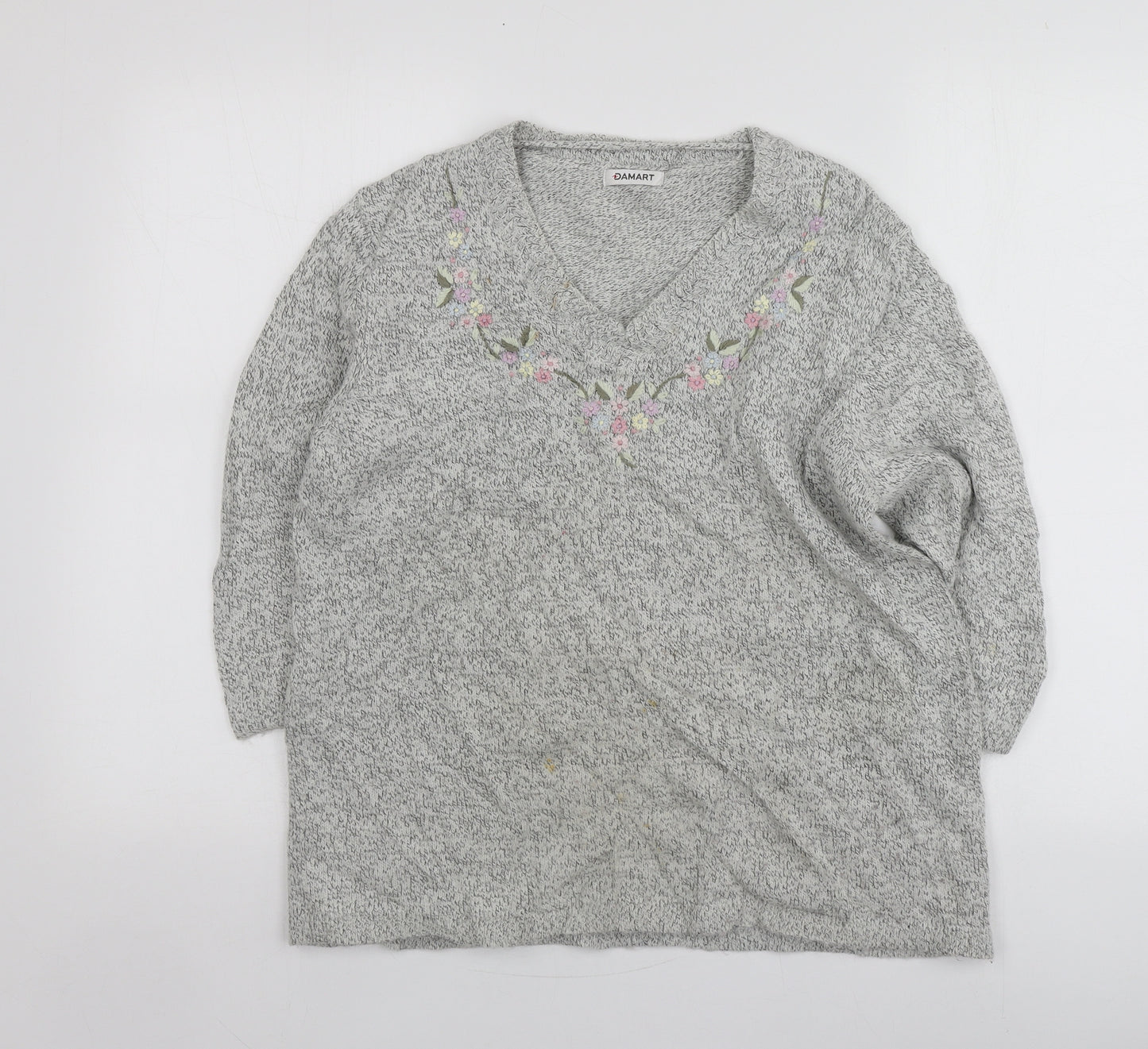 Damart Womens Grey V-Neck Geometric Acrylic Pullover Jumper Size 14