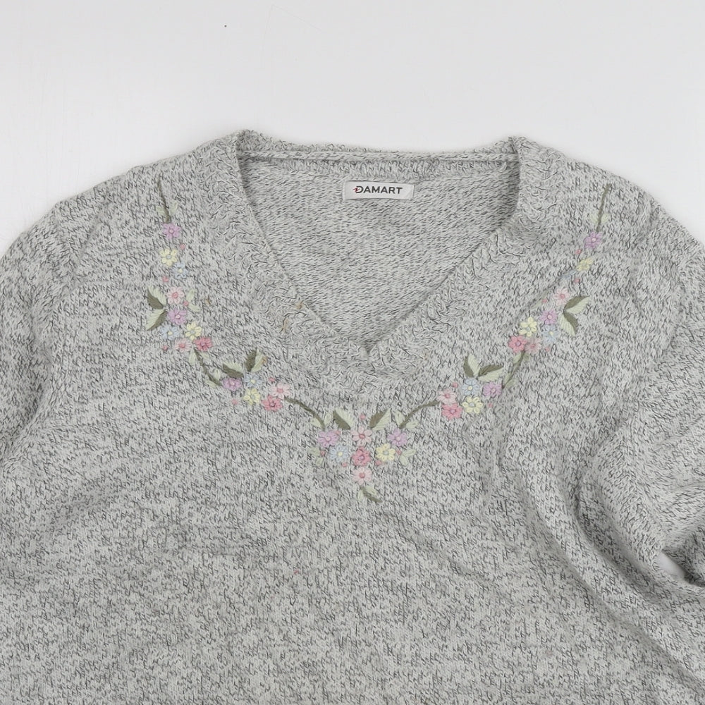 Damart Womens Grey V-Neck Geometric Acrylic Pullover Jumper Size 14