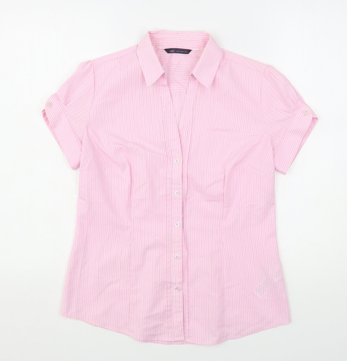 Marks and Spencer Womens Pink Striped Polyester Basic Button-Up Size 10 Collared