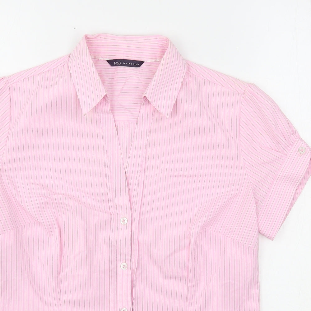 Marks and Spencer Womens Pink Striped Polyester Basic Button-Up Size 10 Collared