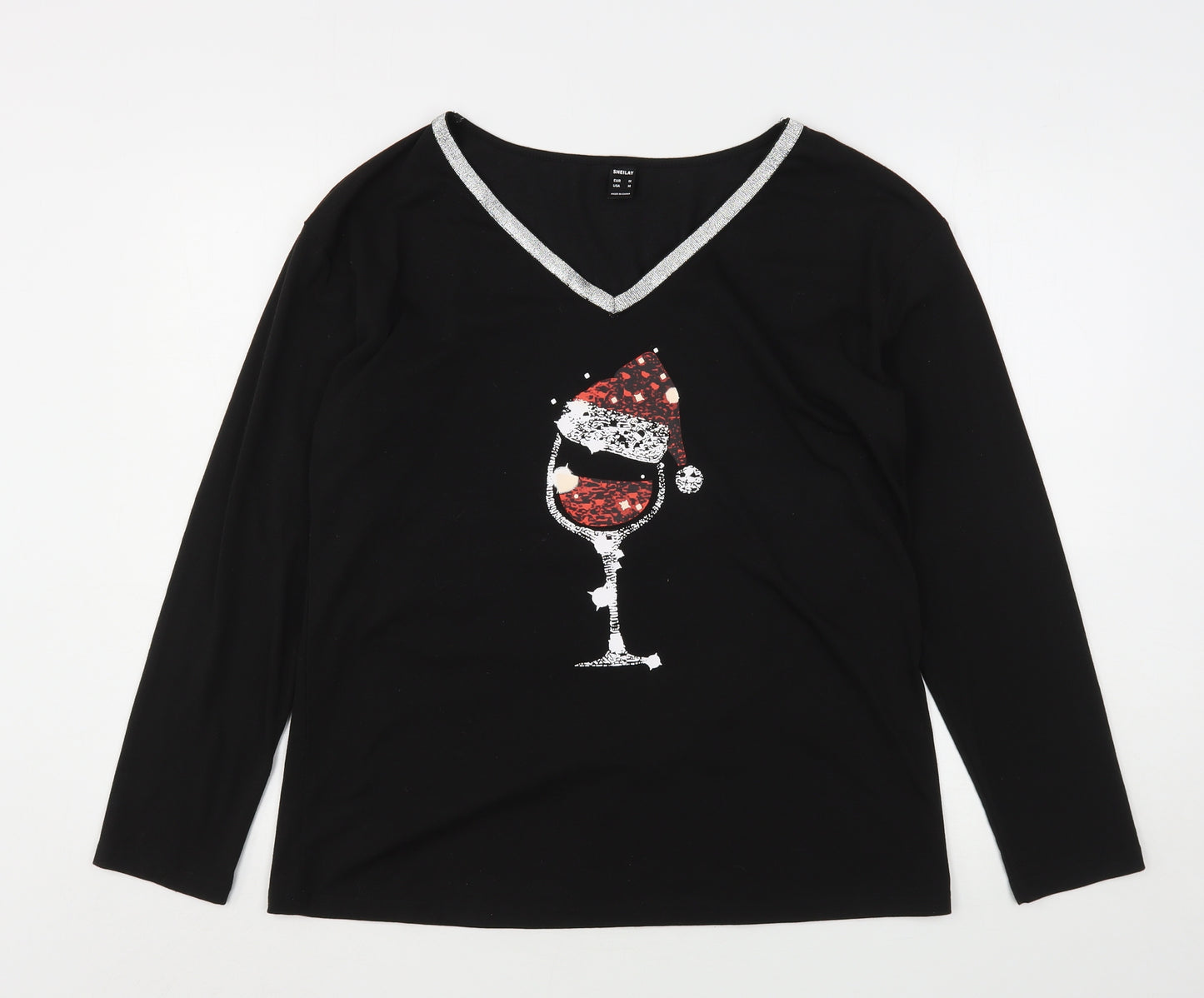 Sheilay Womens Black  Polyester Basic T-Shirt Size M V-Neck - Christmas