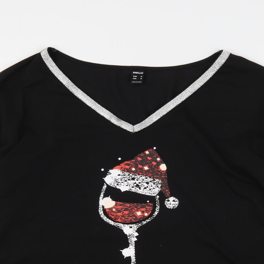 Sheilay Womens Black  Polyester Basic T-Shirt Size M V-Neck - Christmas