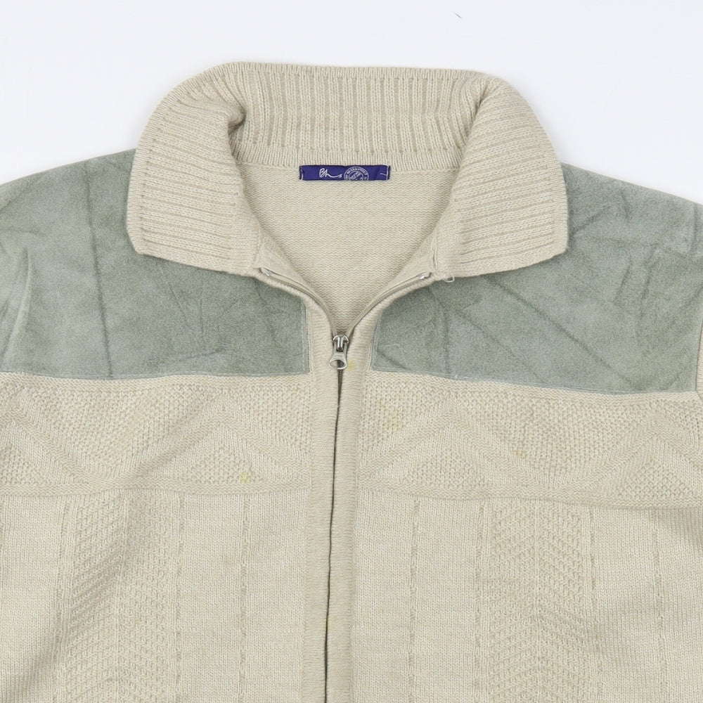BHS Mens Beige Collared  Acrylic Full Zip Jumper Size L