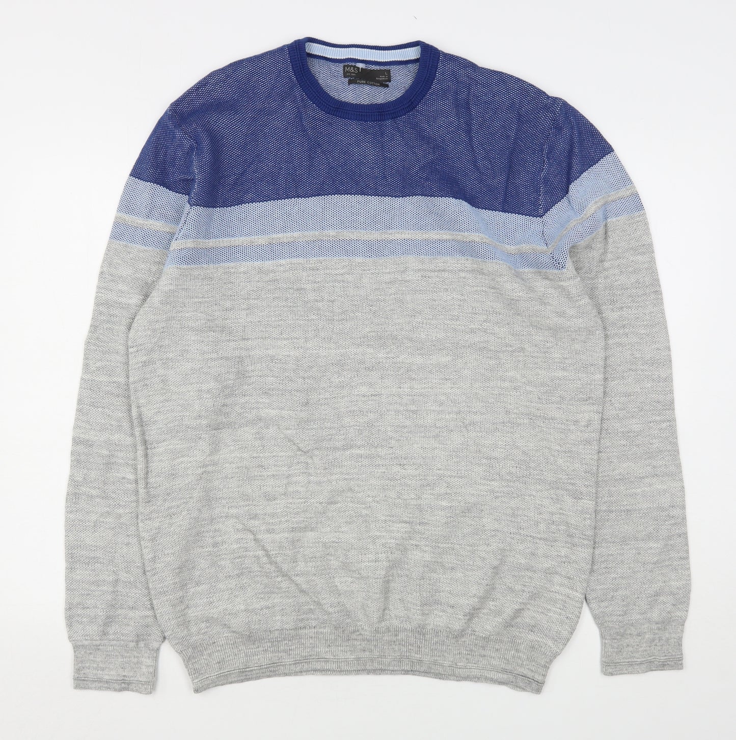 Marks and Spencer Mens Grey Round Neck  Cotton Pullover Jumper Size L