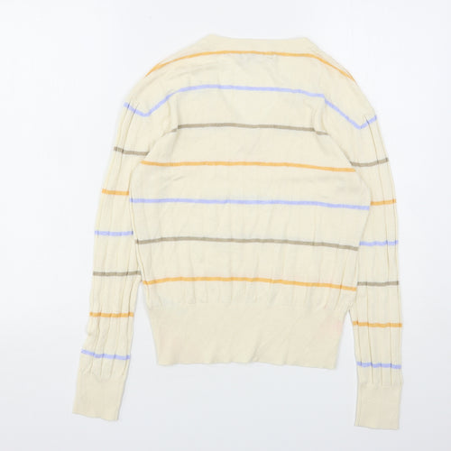 Marks and Spencer Womens Beige V-Neck Striped Viscose Pullover Jumper Size S