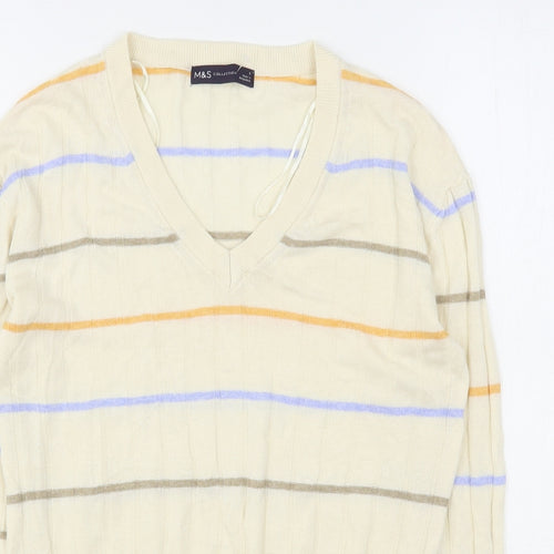 Marks and Spencer Womens Beige V-Neck Striped Viscose Pullover Jumper Size S
