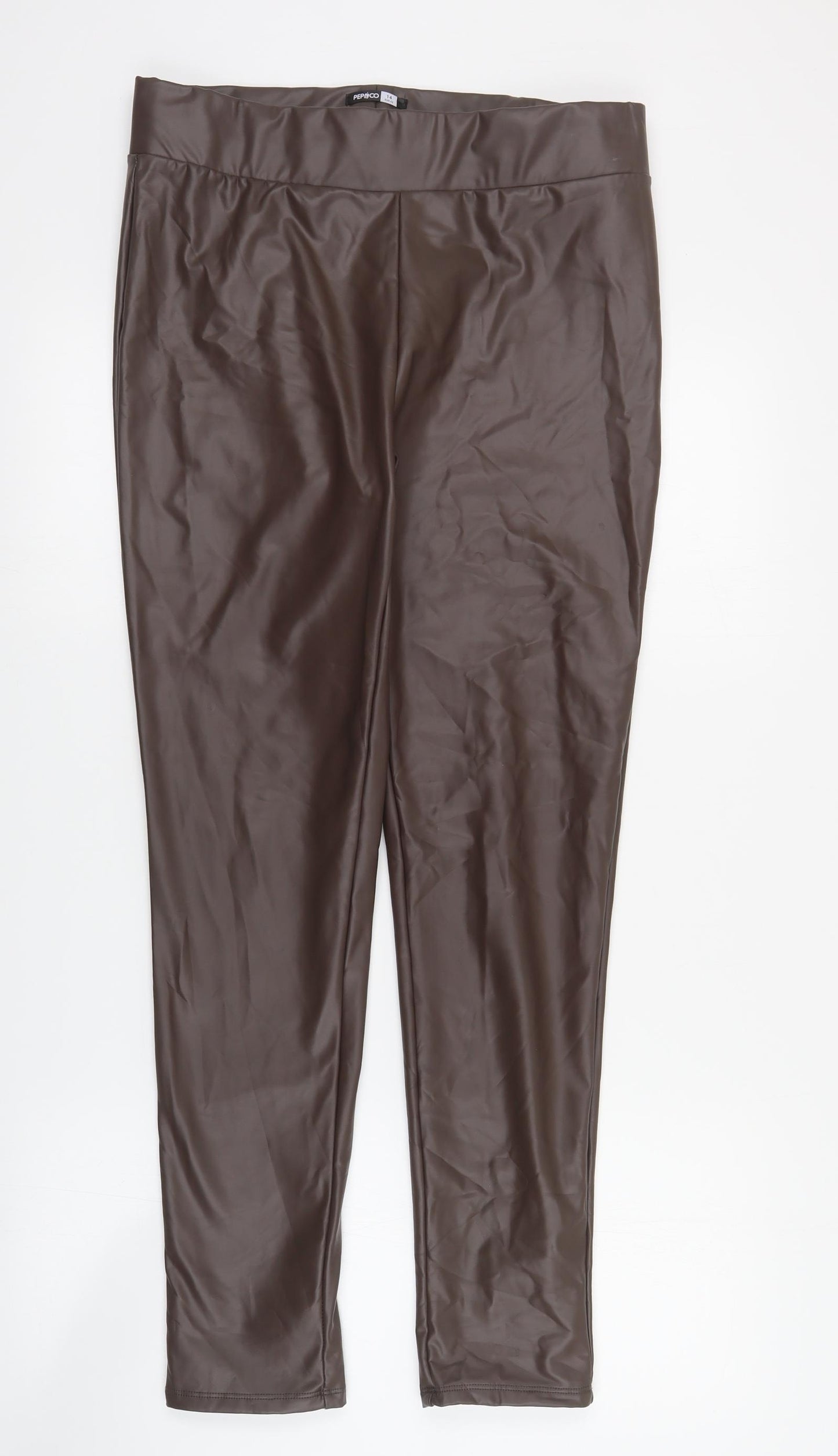 Pep&Co Womens Brown  Polyester Cropped Trousers Size 14 L28 in Regular  - Faux leather