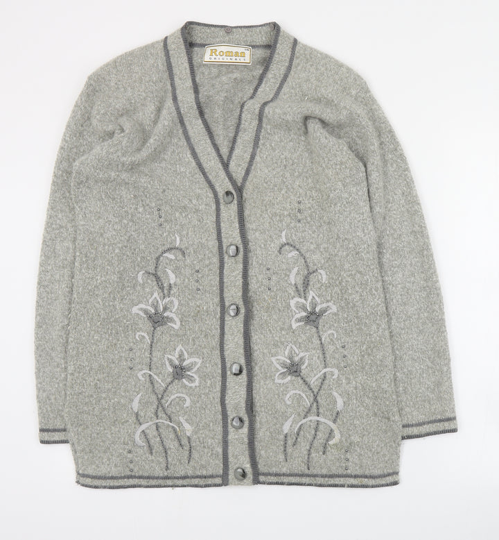 Roman Womens Grey V-Neck Nylon Cardigan Jumper Size S