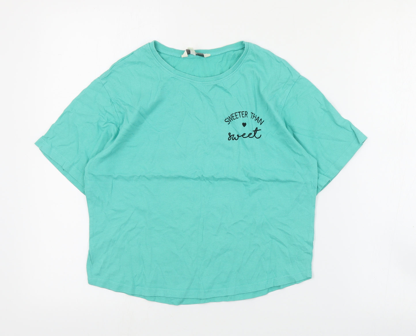 Miss Evie Girls Green  Cotton Cropped T-Shirt Size 13-14 Years Crew Neck Pullover - Slogan
