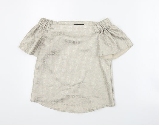 Front view of Primark women’s gold polyester basic blouse, size UK 6, off the shoulder