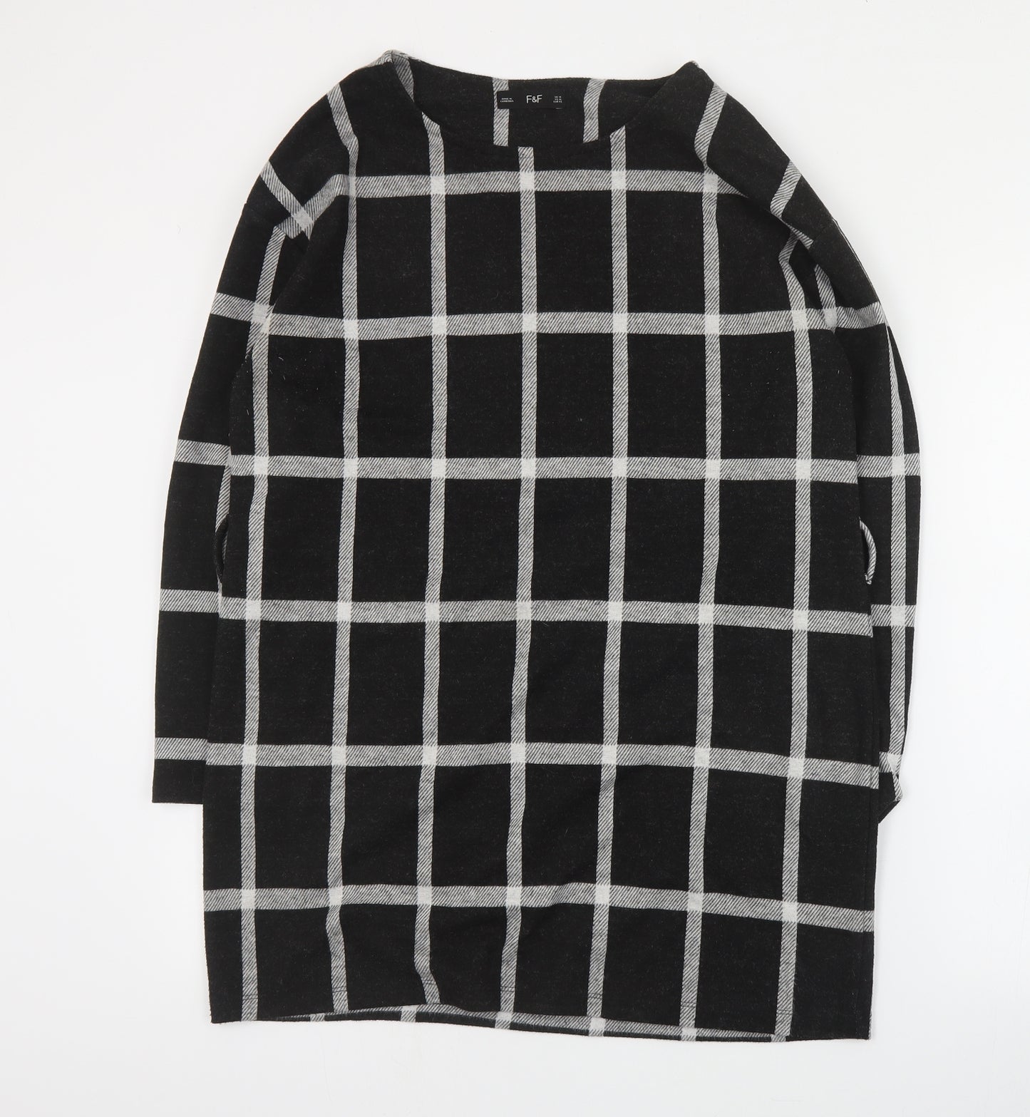 F&F Womens Black Plaid Polyester A-Line  Size 14  Round Neck Pullover