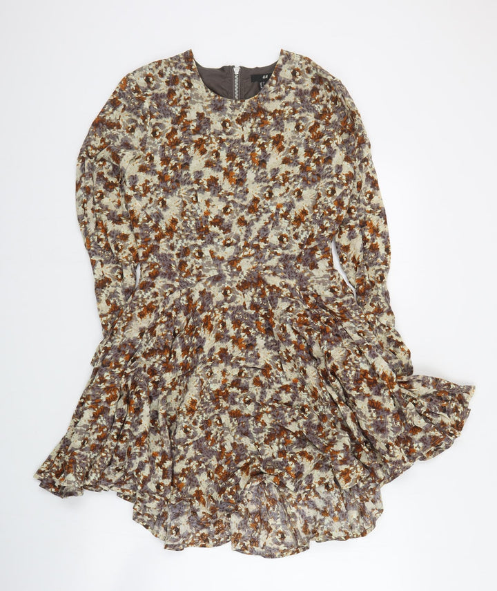 H&M Womens Brown Floral Viscose Mini  Size 6  Round Neck Zip