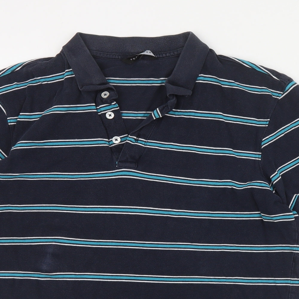 Peacocks Mens Blue Striped Cotton  Polo Size M Collared Button
