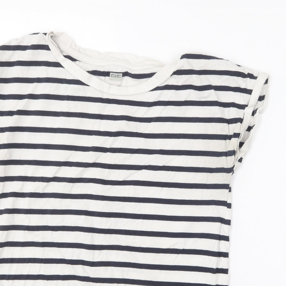 F&F Womens White Striped Cotton Basic T-Shirt Size 8 Round Neck