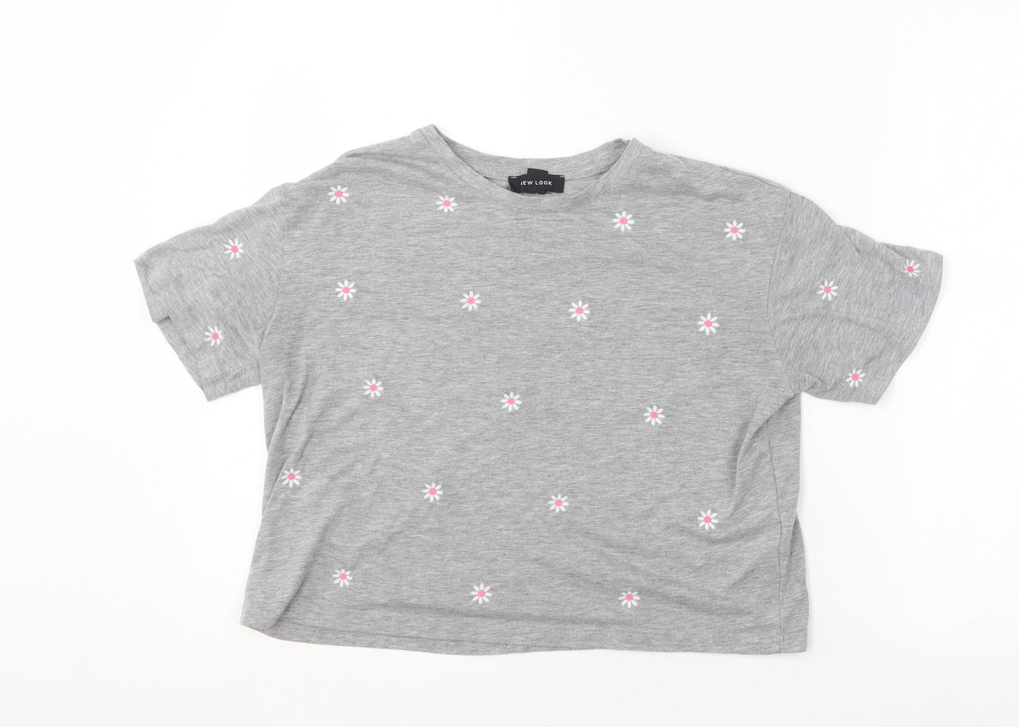 New Look Womens Grey Floral Polyester Basic T-Shirt Size 8 Round Neck