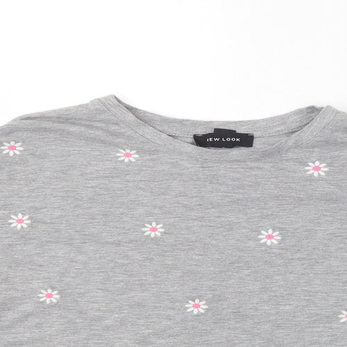 New Look Womens Grey Floral Polyester Basic T-Shirt Size 8 Round Neck