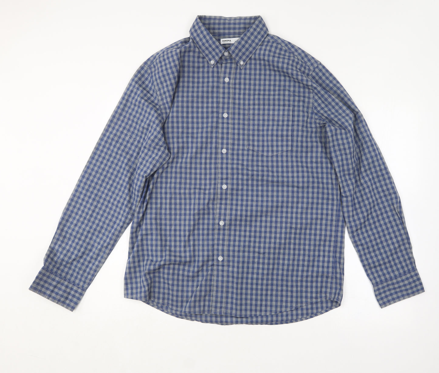 Sonoma Mens Blue Check Cotton  Button-Up Size L Collared