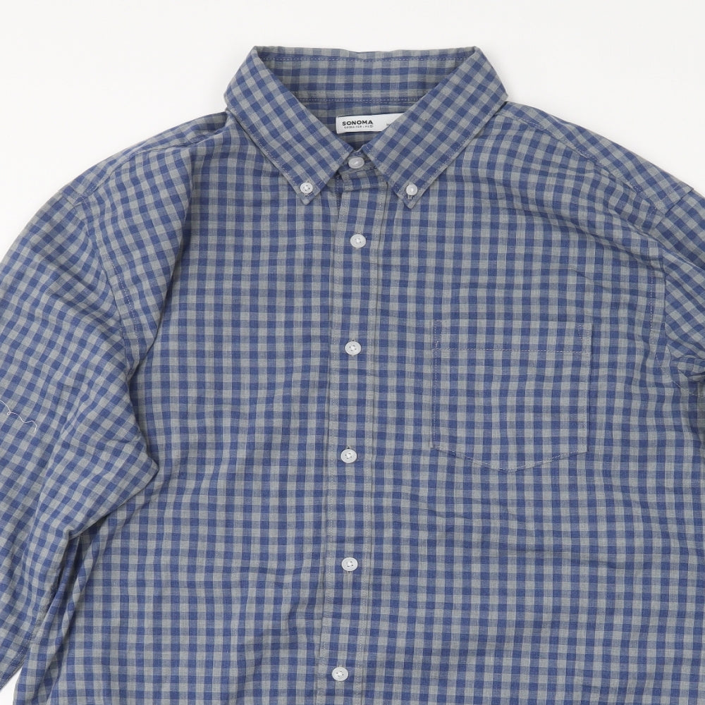 Sonoma Mens Blue Check Cotton  Button-Up Size L Collared